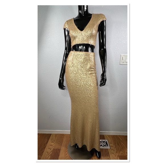 Dress the Population Cara Two-Piece Gold Sequined Gown Sz S - Picture 3 of 12